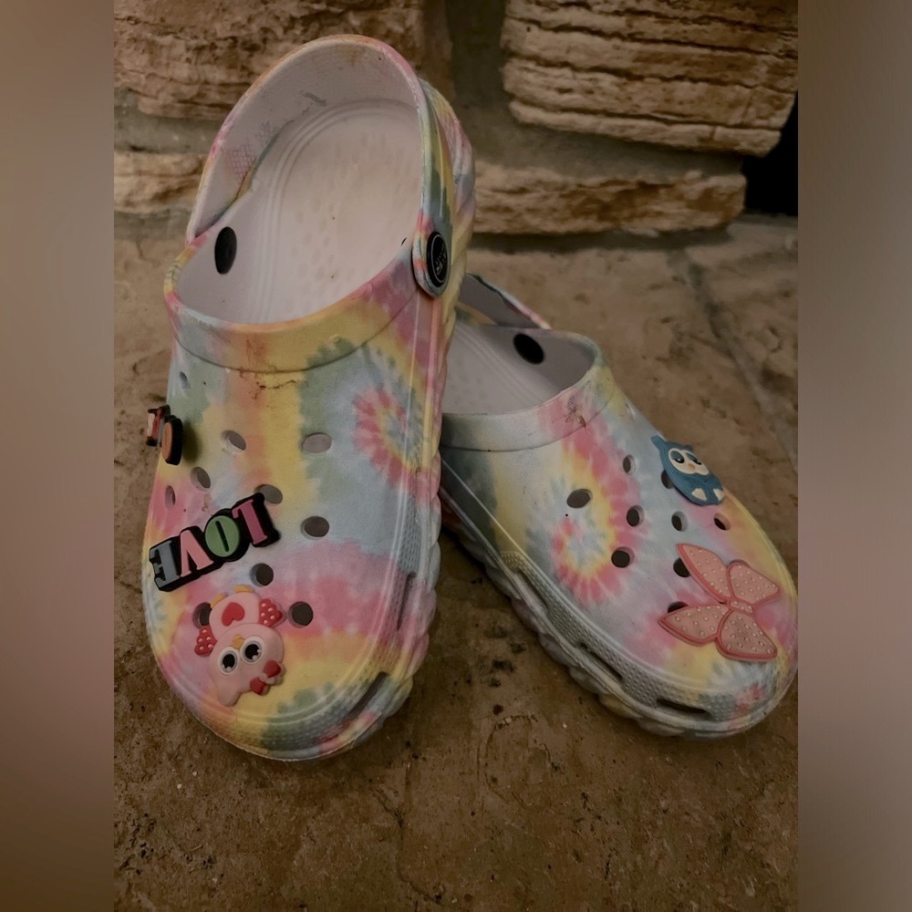 NOT Crocs off brand Tye-Dye Slide Ons with Jubbitz Size 36 Euro/5-5.5 US